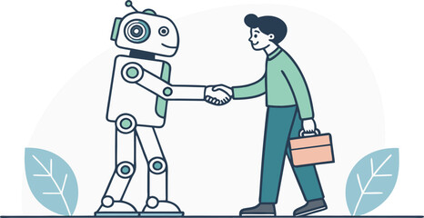 Professional handshake between a man and a friendly robot symbolizes futuristic partnership and technological integration