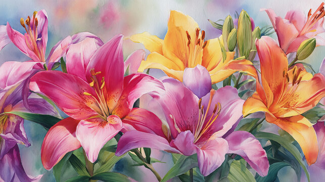 Elegant wedding invitation card white background . Minimal hand painted watercolor Lilly flowers texture template background. Design for wedding, vip cover, poster, rsvp modern card.Valentine's Day