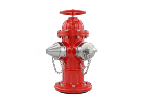 Bright red fire hydrant with silver caps isolated on transparent background