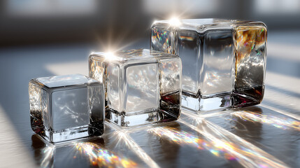 Crystal or ice blocks refracting sunlight and creating rainbow patterns﻿