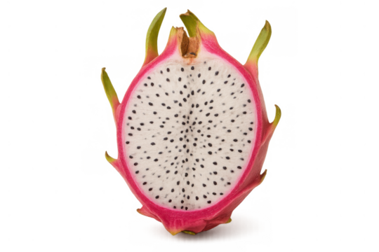 Dragon fruit half showing cross-section, white flesh and black seeds, healthy tropical food on transparent alpha background