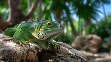 Fototapeta premium Close-up of a Vibrant Green Iguana Resting on a Rock Surrounded by Lush Tropical Foliage and Soft Natural Light
