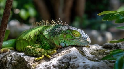 Fototapeta premium Vibrant Green Iguana Relaxing on a Rock in a Lush Tropical Environment with Soft Natural Light
