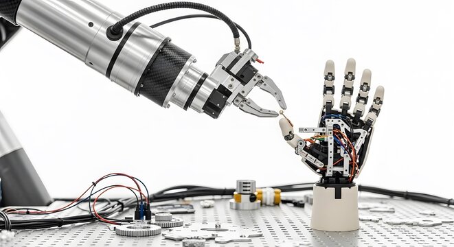Robotic arm testing hand prosthesis with fine motor skills dexterity