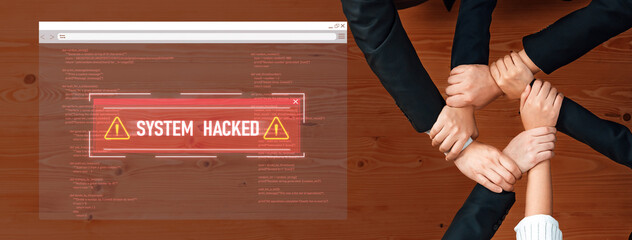 A diverse team of professionals unite around a common goal while reacting to a system hacked alert, showcasing urgency in a collaborative work environment. Trope