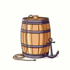 Pirate's treasure or a sailor's ration? A classic cartoon illustration of a wooden barrel, complete with a length of rope and a sturdy nautical anchor