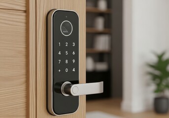 Close up of a modern door lock with keypad and handle on a light wooden door in a home setting