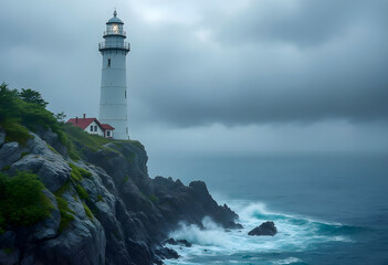 Naklejka premium A tall white lighthouse stands on a rocky cliff overlooking the ocean under a cloudy sky the scene feels calm and isolated with waves crashing below and greenery on the rocks