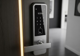 Close up of a digital door lock with a fingerprint scanner and keypad on a dark wooden door panel