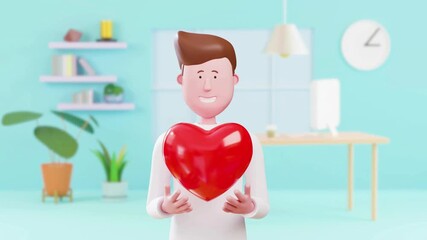 A smiling 3D animated man holds and offers a large shiny red heart in a modern room, symbolizing love, charity, health, or Valentine's Day. - Powered by Adobe