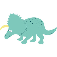 Cute Teal Triceratops Dinosaur Cartoon Isolated on White Background with Yellow Horn and Blue Spots