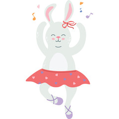 Cute White Bunny Rabbit Dancer Wearing Pink Tutu and Ballet Slippers Dancing Joyfully with Musical Notes Floating Around Her on Transparent Background