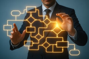 Businessman interacting with a glowing digital flowchart on a dark background