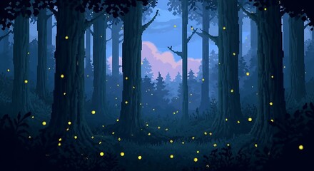 Magical pixel forest with fireflies at dusk