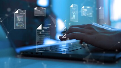 Futuristic digital document management concept showing a hand working on a laptop with virtual electronic files and checklists. Ideal for illustrating modern data processing, paperless workflow, - Powered by Adobe