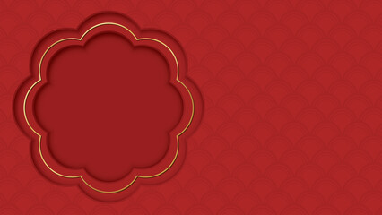 Blank 3D abstract flower frame with golden border paper cut style on red background.