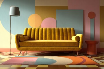 Stylish mid century modern living room with mustard yellow sofa and abstract geometric wall art