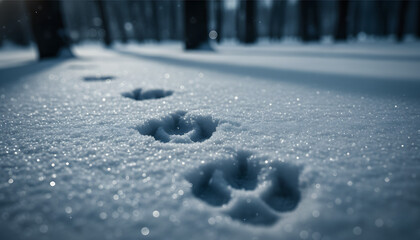 Mysterious animal paw prints making their way across a glistening, untouched blanket of fresh snow, venturing deeper into the tranquil depths of a serene winter forest at dawn