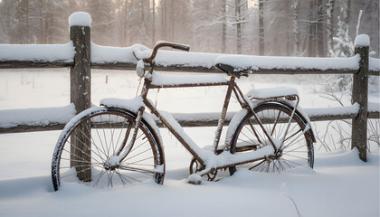 Vintage Bicycle Resting Against a Snow-Covered Fence in a Serene Winter Landscape