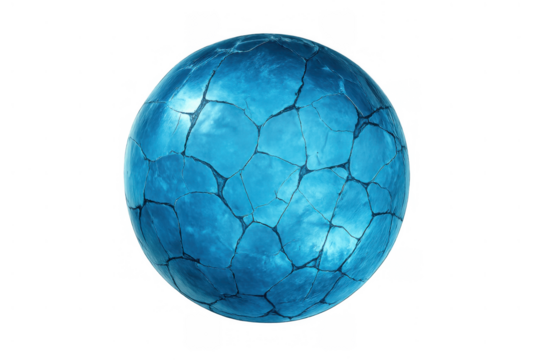 Blue cracked stone orb or fantasy planet isolated on transparent background illustrating global crisis or fragility