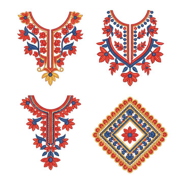 Four colorful embroidered designs featuring floral and geometric patterns, suitable for necklines and decorative elements.