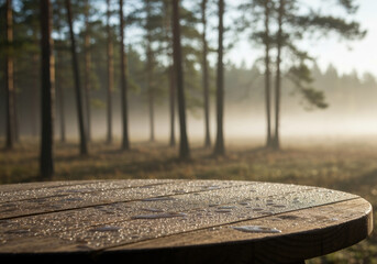 Morning dew glistening on wooden table in tranquil forest clearing with sunlight filtering through tall pine trees and misty air