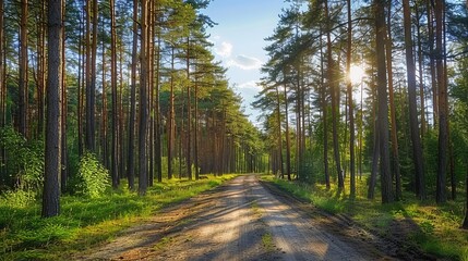 Obraz premium Tranquil Forest Path View with Sunlight Filtering Through Tall Pine Trees in Summer Daytime Nature Scene