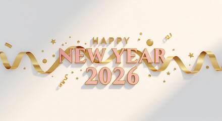 Happy New Year 2026 Pastel Pink and Gold Confetti and Ribbon Decoration