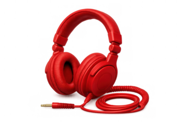 Red over-ear headphones with coiled cable and audio jack on transparent background for music and sound concept