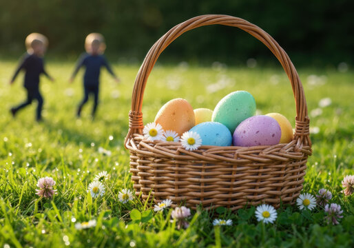 Colorful easter eggs in wicker basket with daisies on grass, children playing outdoors in sunny springtime meadow background