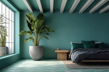 Serene teal bedroom with large windows lush green plant and cozy bed with textured accents