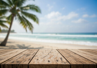 Fototapeta premium Sunlit wooden table with tropical palm tree and turquoise ocean on a soft sandy beach, peaceful summer getaway background