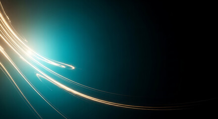Abstract glowing light trails curving across a dark teal background with a bright glow