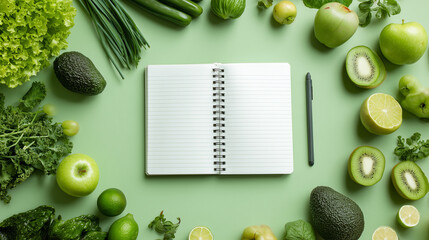 Fresh vegetables and fruits surround a blank notebook on a green table