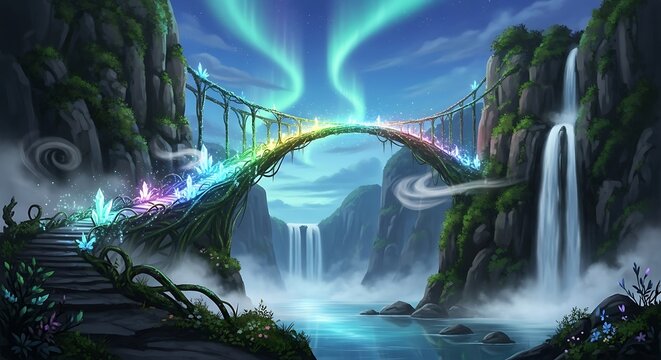 Enchanting Rainbow Bridge Over Waterfalls in a Mystical Landscape. - Powered by Adobe