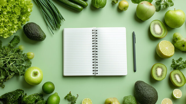 Fresh vegetables and fruits surround a blank notebook on a green table