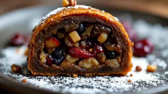 Slice of delicious apple strudel with nuts and powdered sugar on a plate
