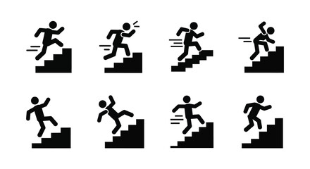 Stick figures illustrate multiple stages of people running up stairs