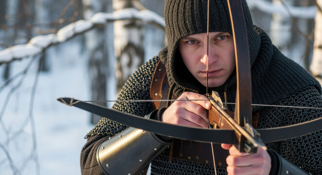 Focused medieval archer in winter forest aiming a crossbow, wearing chainmail armor and black hood with determination