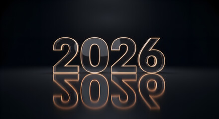 Black Glass 2026 Numbers with Gold Outline Reflection on Dark Surface