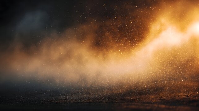 A dramatic scene of golden hour light illuminating swirling dust particles in the air