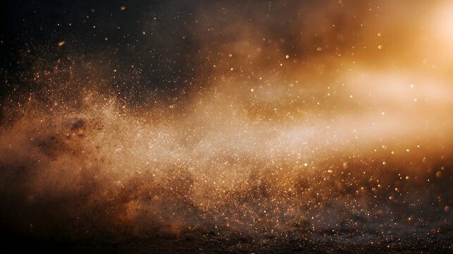 Ethereal golden hour dust particles swirling with soft light and bokeh effects in atmospheric glow