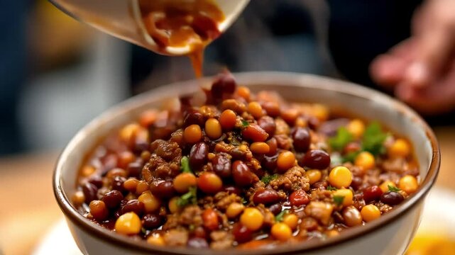Pouring a hearty bowl of chili with beans, corn, and ground beef on table