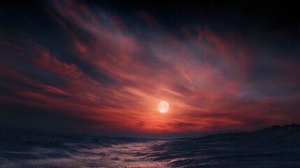 Fototapeta premium A dramatic crimson sunset illuminates swirling clouds in the twilight sky with a bright moon shining over a dark tranquil sea or landscape