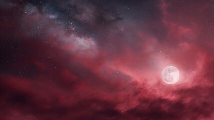 Dramatic night sky with a glowing moon and swirling crimson clouds
