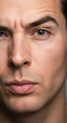 Confident young man with intense blue eyes and subtle stubble gazing forward, displaying determination and focus in close up portrait