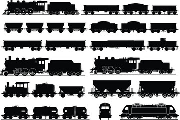 Obraz premium Vintage steam and freight train silhouette collection, retro locomotive vector illustration set with industrial wagons, classic railway engines, and old cargo transport design