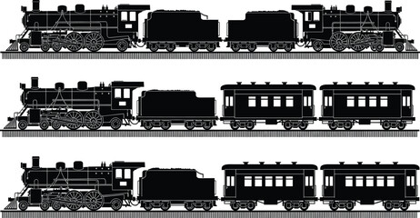 Vintage steam locomotive and passenger train silhouette set, classic railway transportation vector illustration for travel, industrial design, retro vehicle collection, black artwork © Goutom