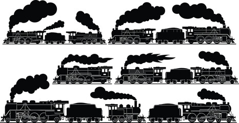 Vintage steam locomotive silhouette collection, classic railway engine vector illustration set with smoke, retro train design elements for industrial transport artwork © Goutom