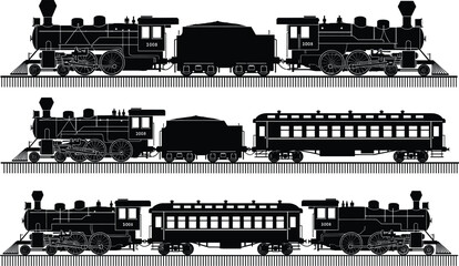 Vintage steam locomotive silhouette set on railway tracks, retro train illustration collection for transportation, travel, history, and industrial design concepts, vector art © Goutom